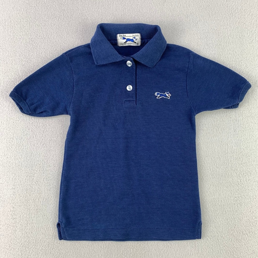 VTG 70s JCPenney The Fox Polo Shirt Girls 6 Blue Pique Knit